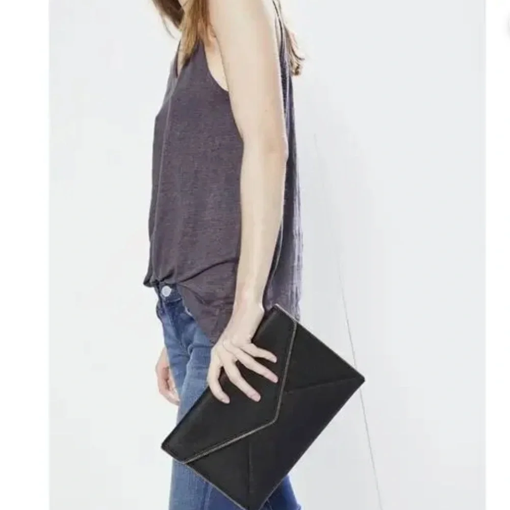 Rebecca Minkoff “Leo” Black Zip-Trim Saffiano Leather Envelope Clutch (CdlG)